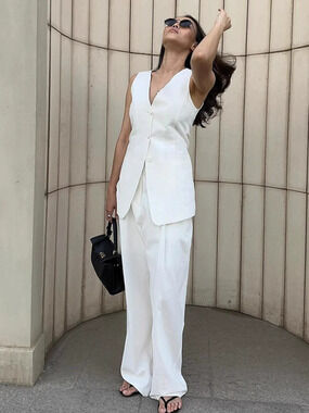 Forever 21 Fall Work Cotton Linen Vest Pants 2-Piece Set